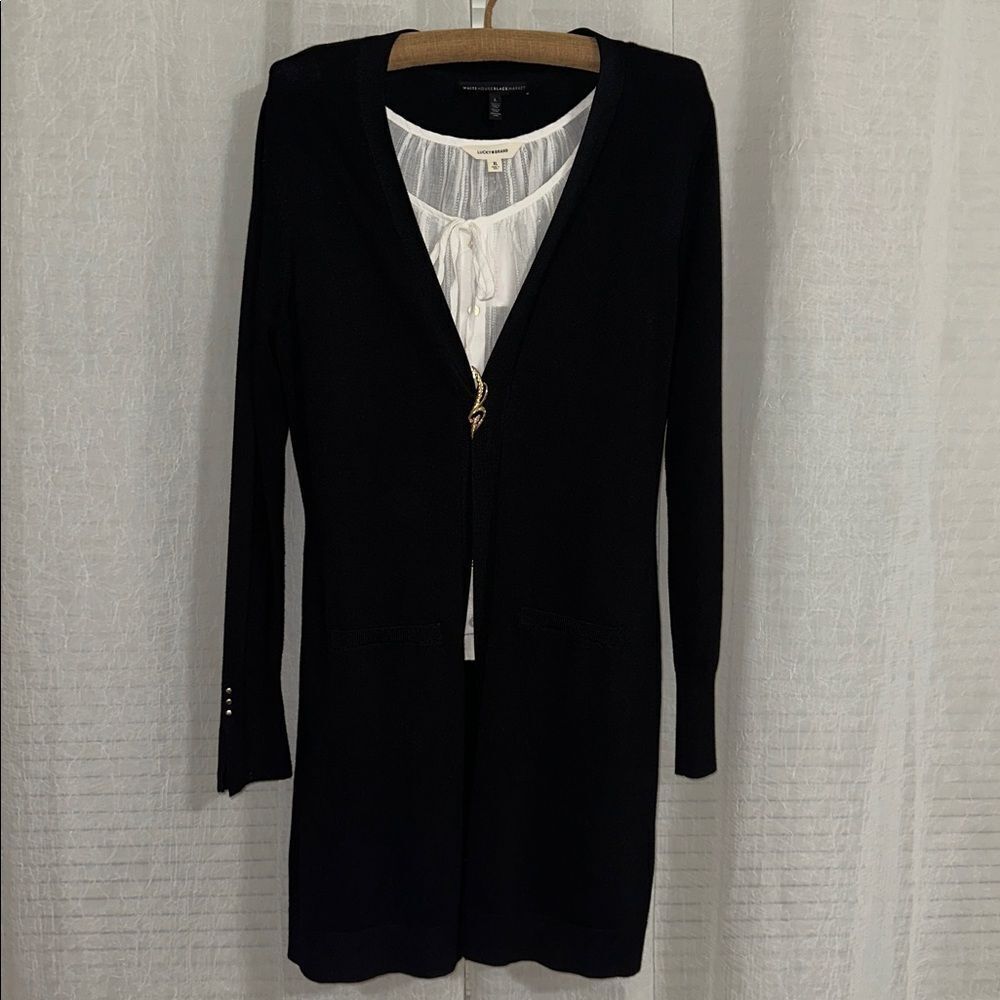WHBM L Black Silver Tone Sleeve Studs Fine Knit Open Front Duster Cardigan